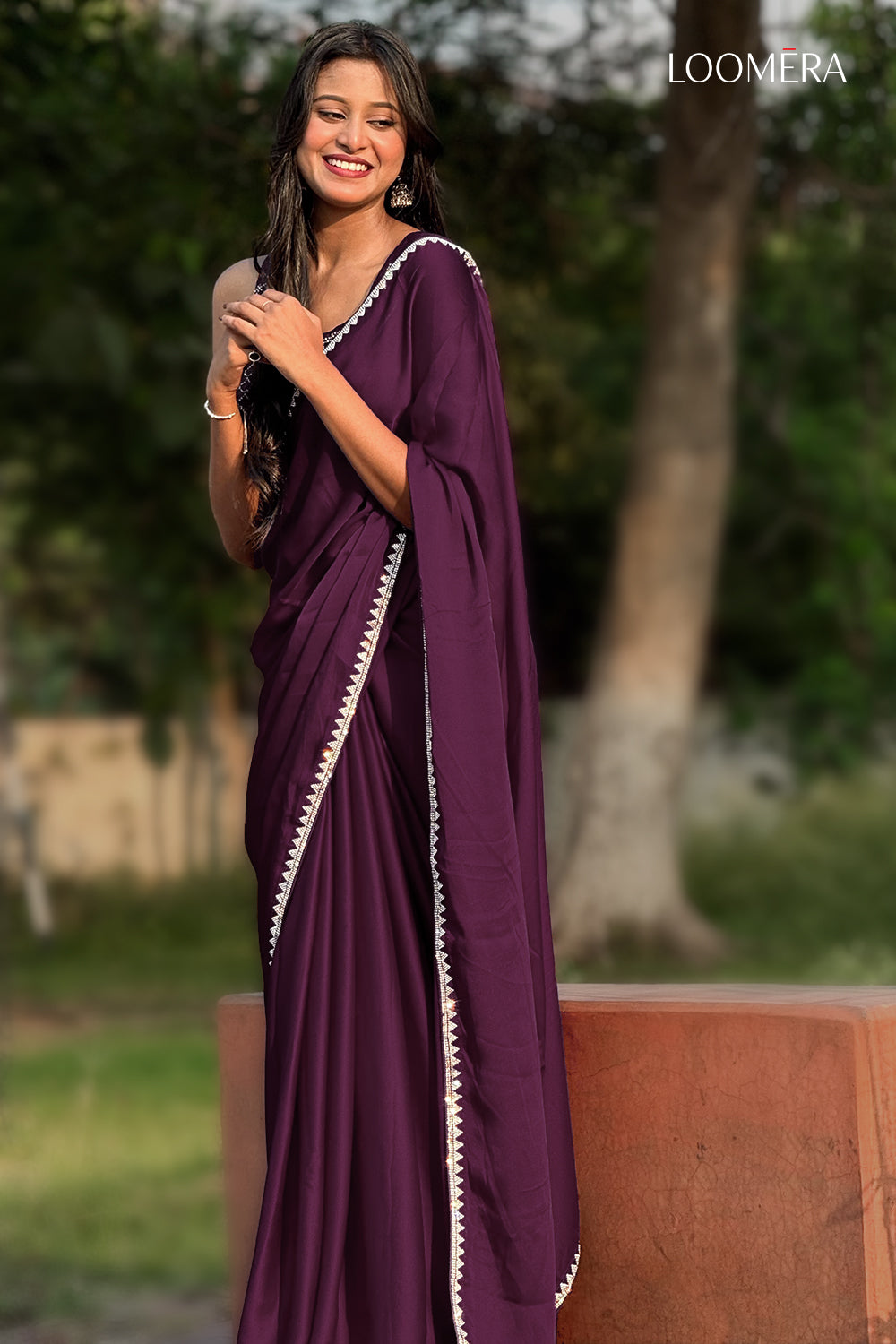 Satin Saree Plum Purple Color with Stone Work