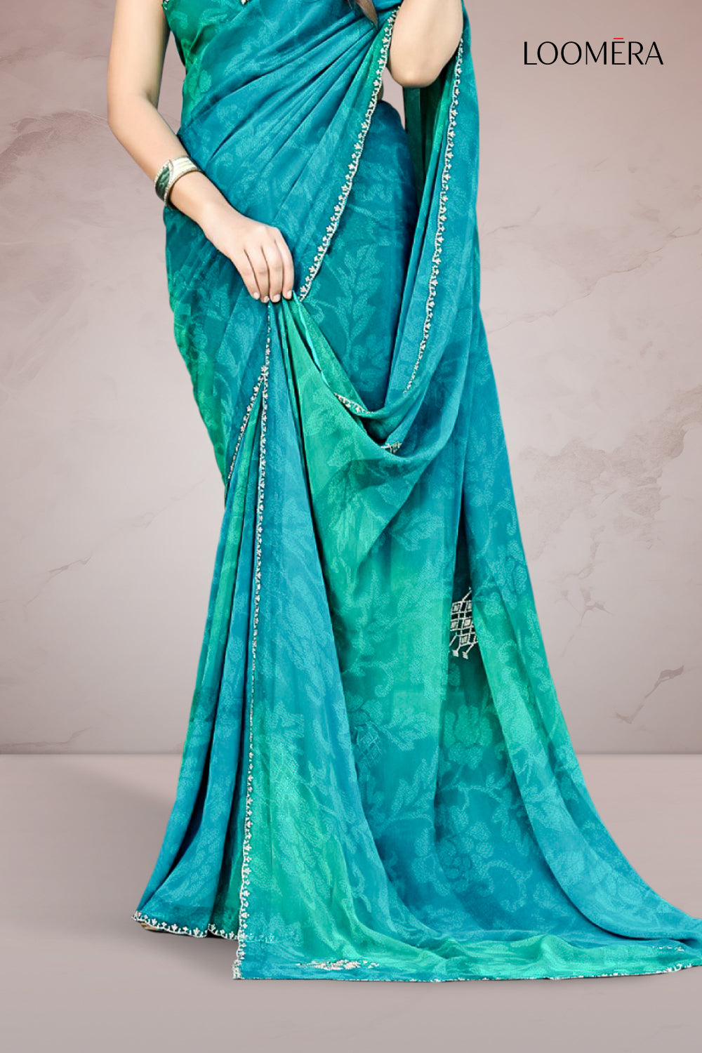 Teal Blue Floral Saree