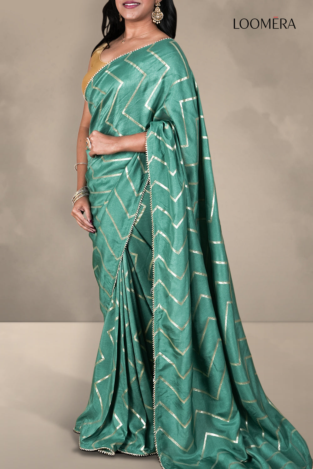 Teal Green Saree with Zigzag Zari Weave