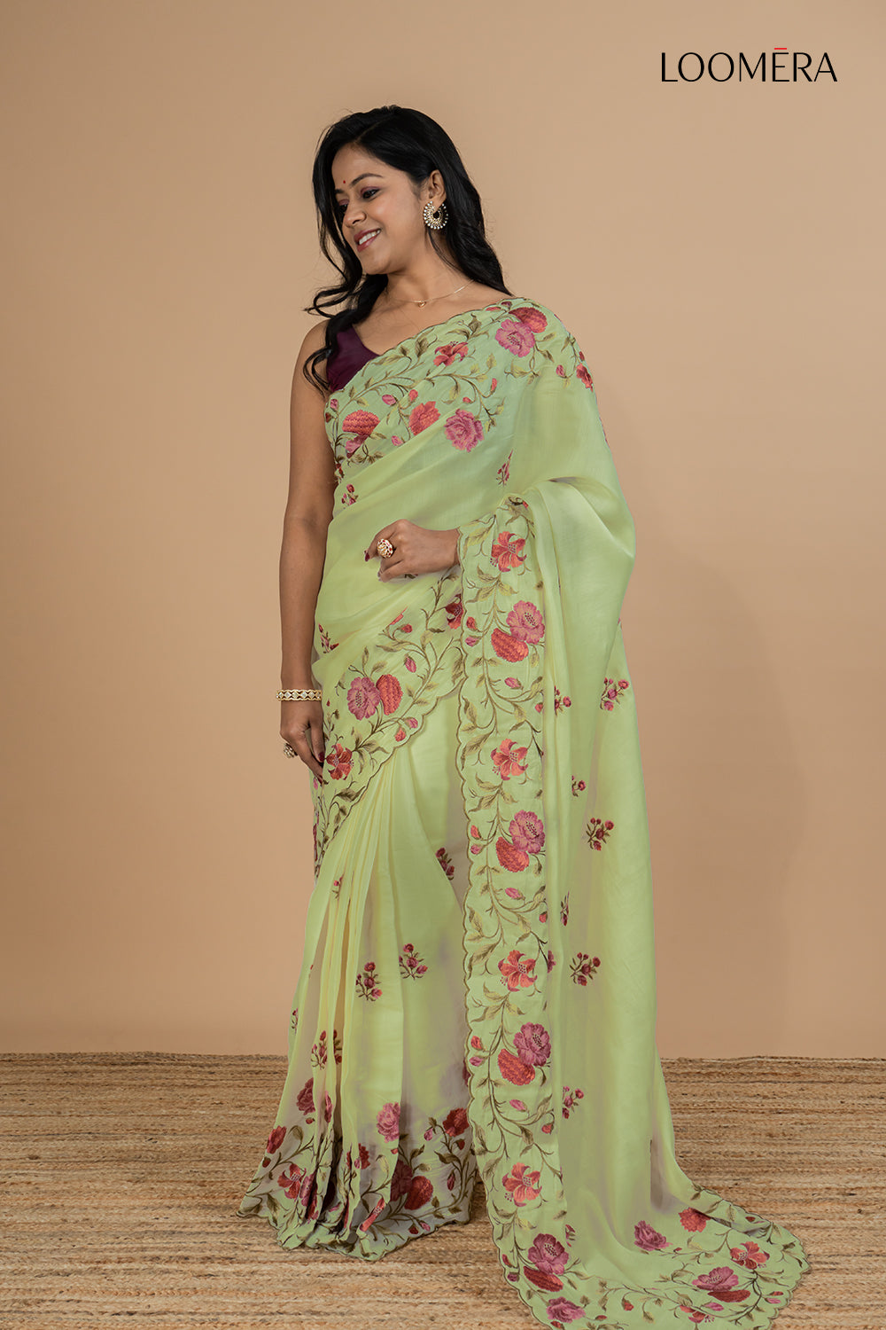 Tussar Silk Green Saree with Floral Embroidery