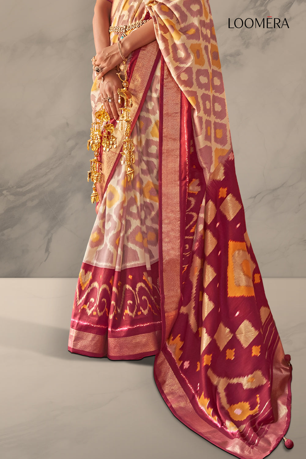 Viscose Saree Beige and Maroon with Zari Border