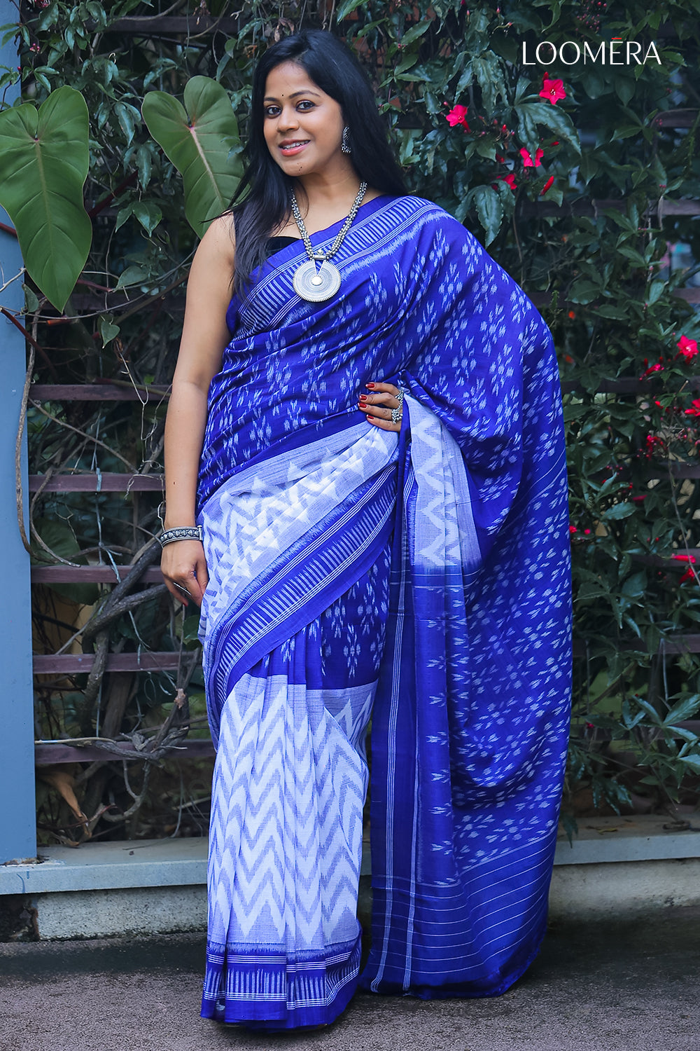 White and Blue Ikat Cotton Saree