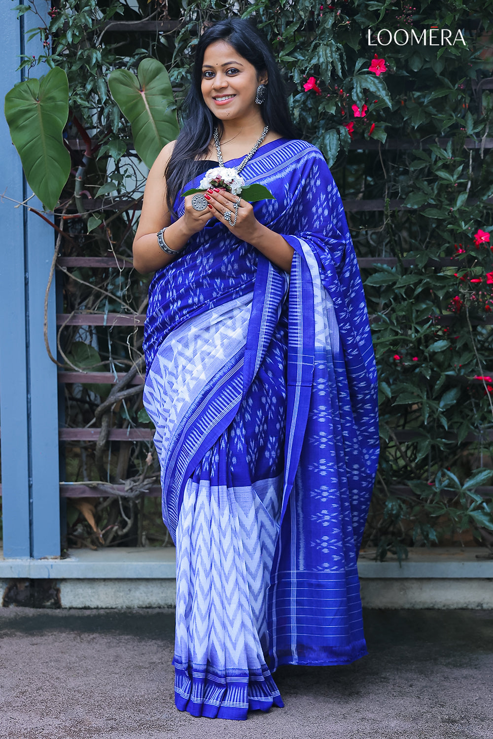 White and Blue Ikat Saree