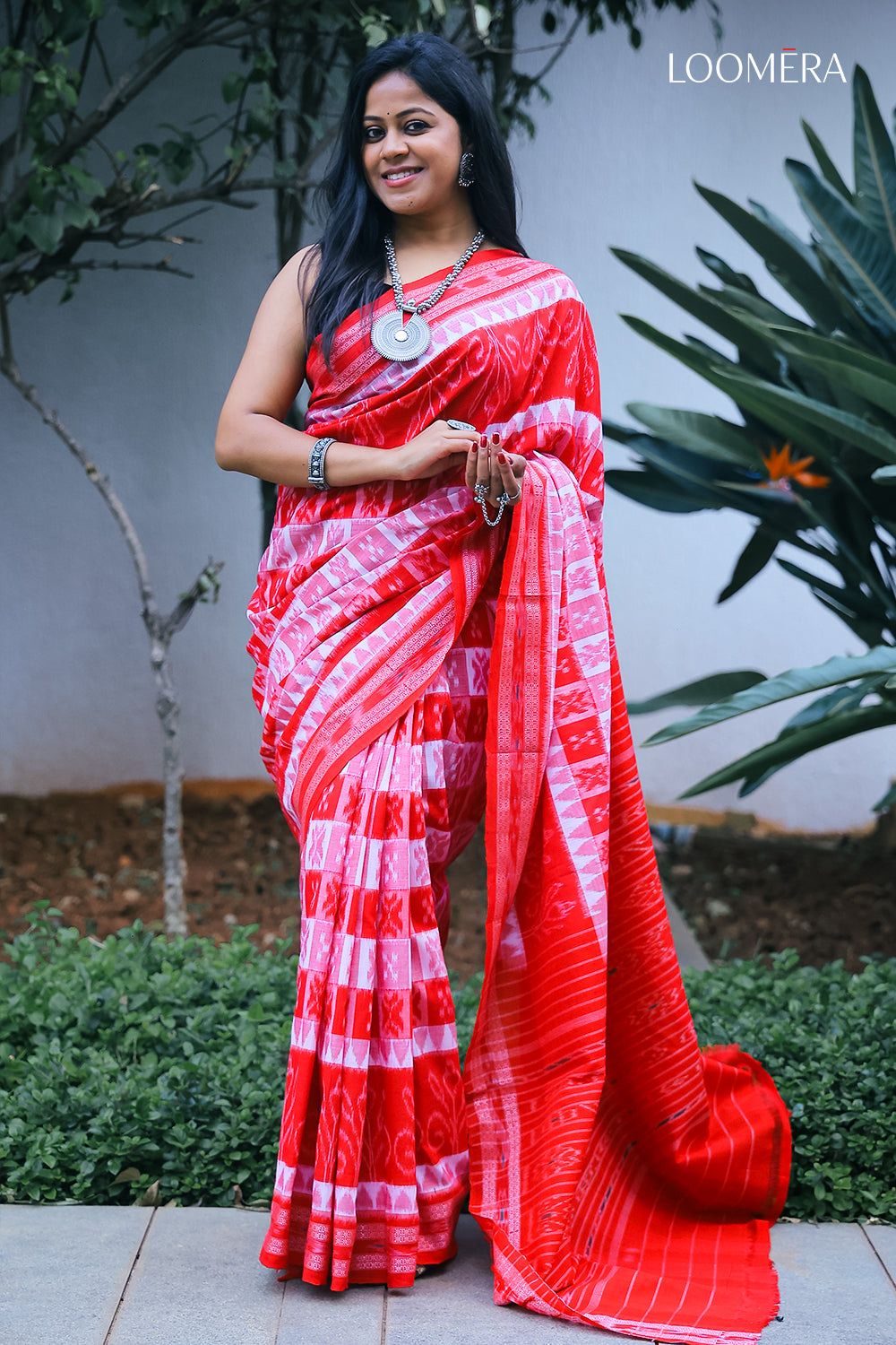 White and Red Pure Sambalpuri Cotton Saree
