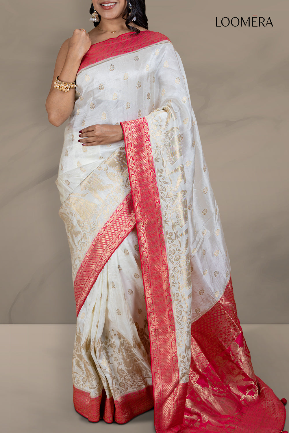 White Dola Silk Saree with Red Border
