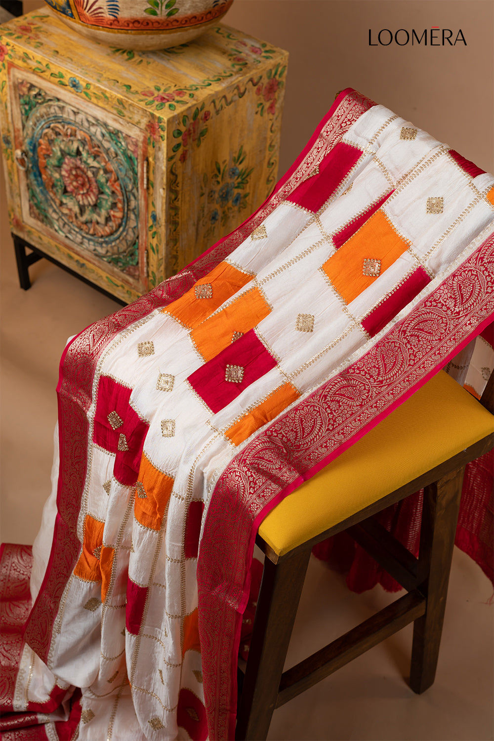 White Dola Silk Saree with Red Border