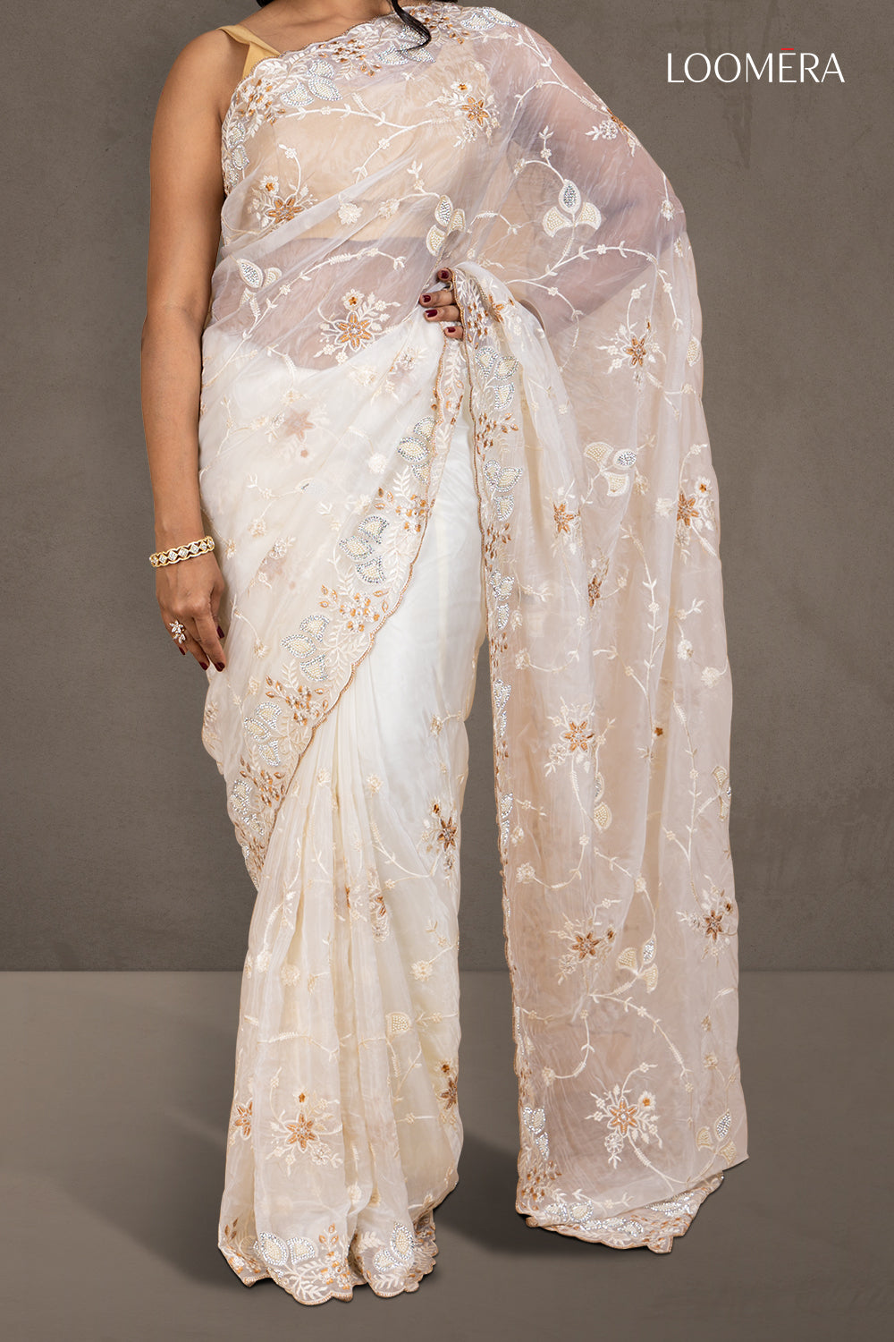 White Organza Saree with Heavy Thread Work