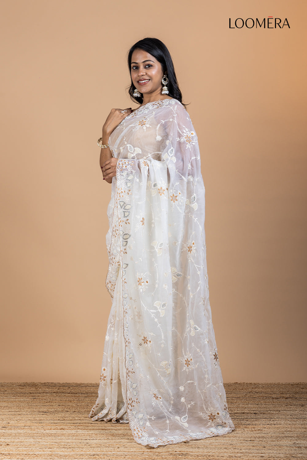 White Saree with Heavy Thread Work