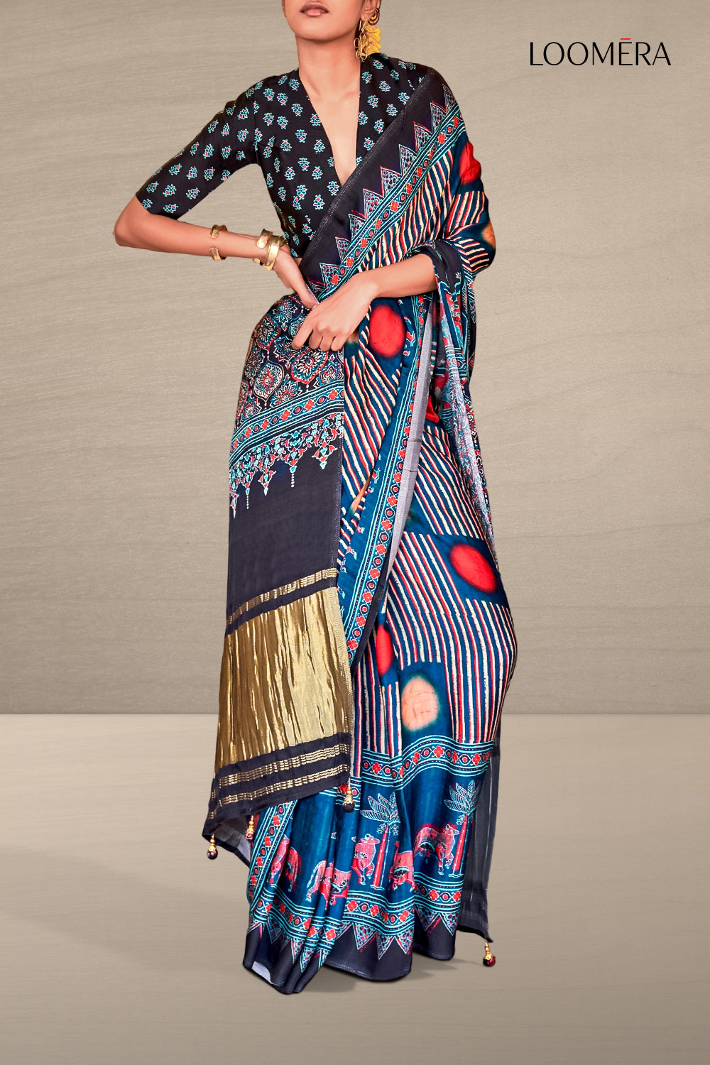 Yale Blue Soft Gajji Silk Saree with Ajrakh Prints