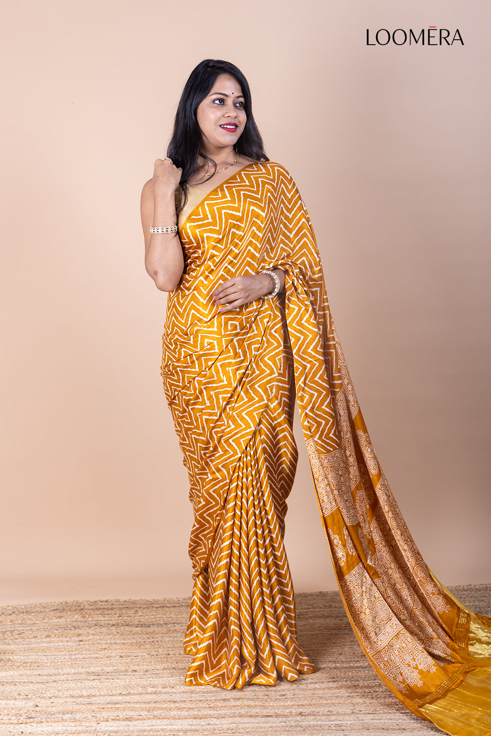 Yellow Ajrakh Saree