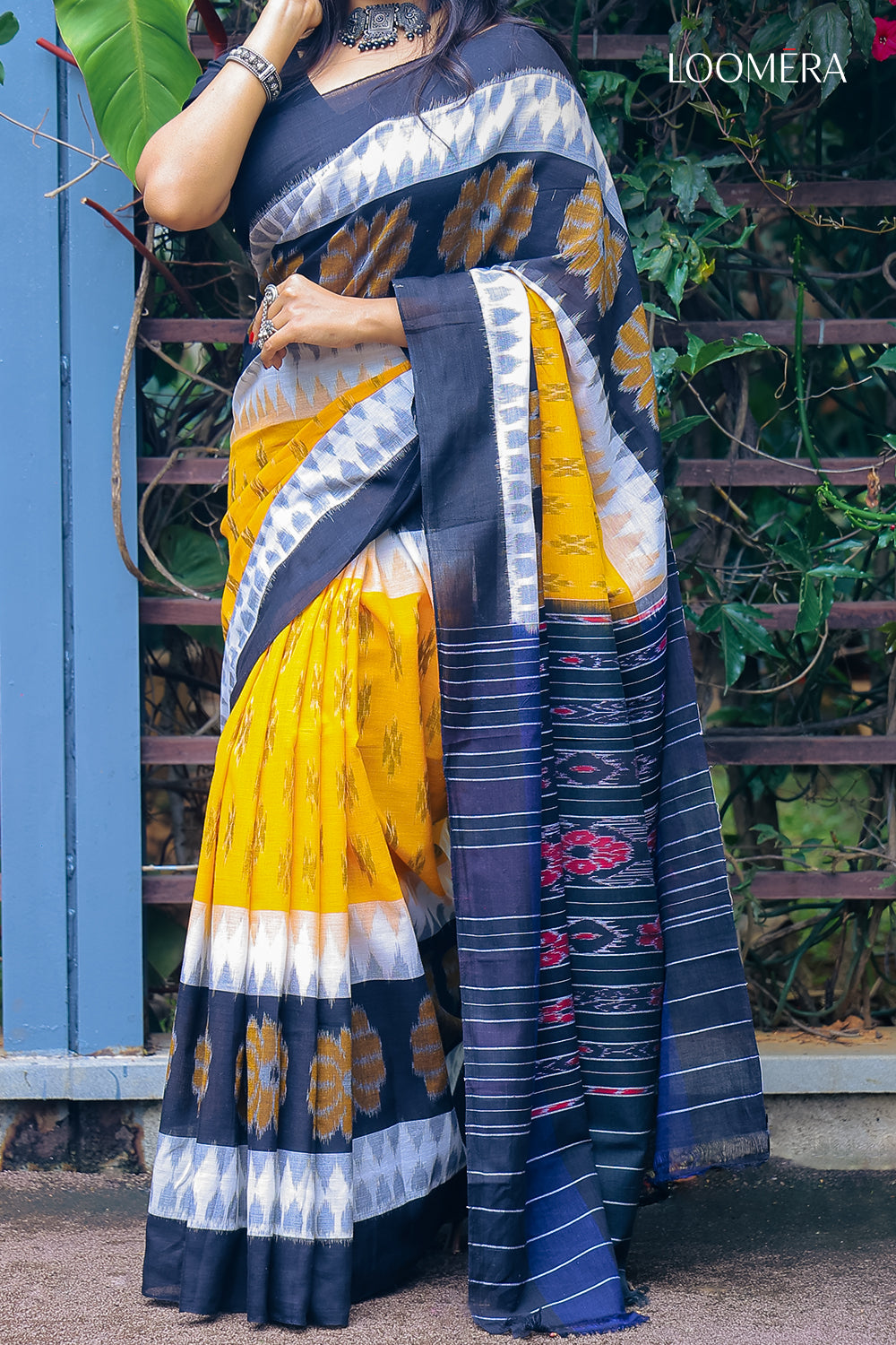 Yellow and Black Cotton Saree