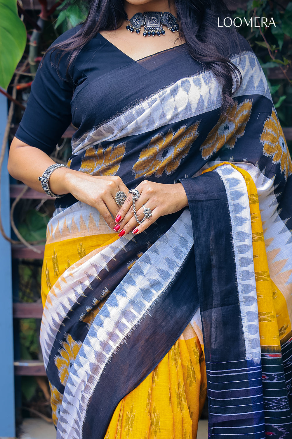 Yellow and Black Ikat Cotton Saree