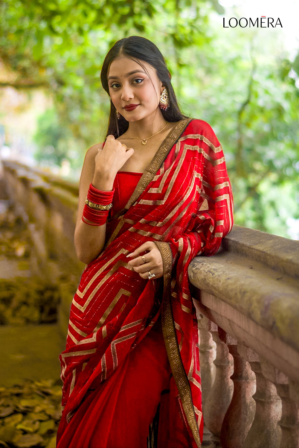 Zig Zag Red Organza Saree