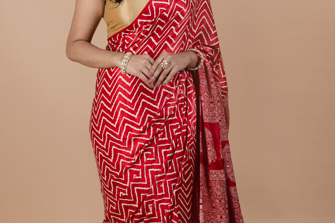 red ajrakh saree