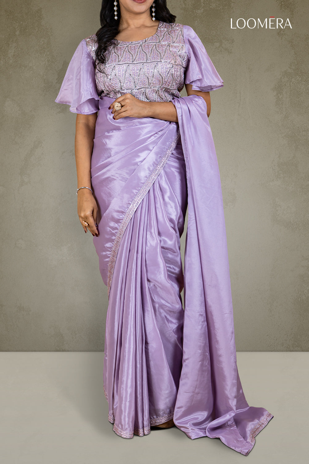 Plain Purple Crepe Saree with Sequin Border and Designer Blouse