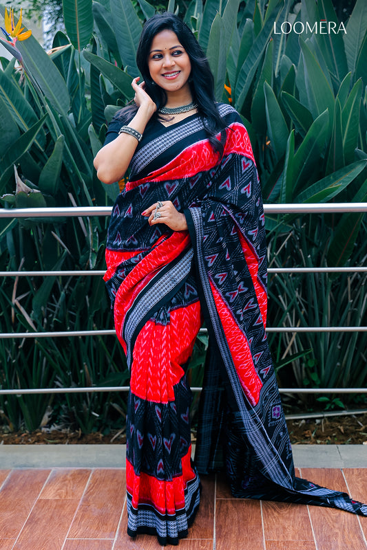 Black and Red Pure Sambalpuri Cotton Saree