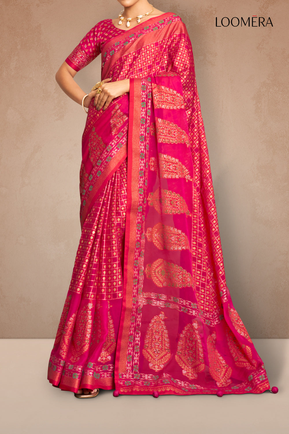 Hot Pink Georgette Saree with Golden Foil Prints