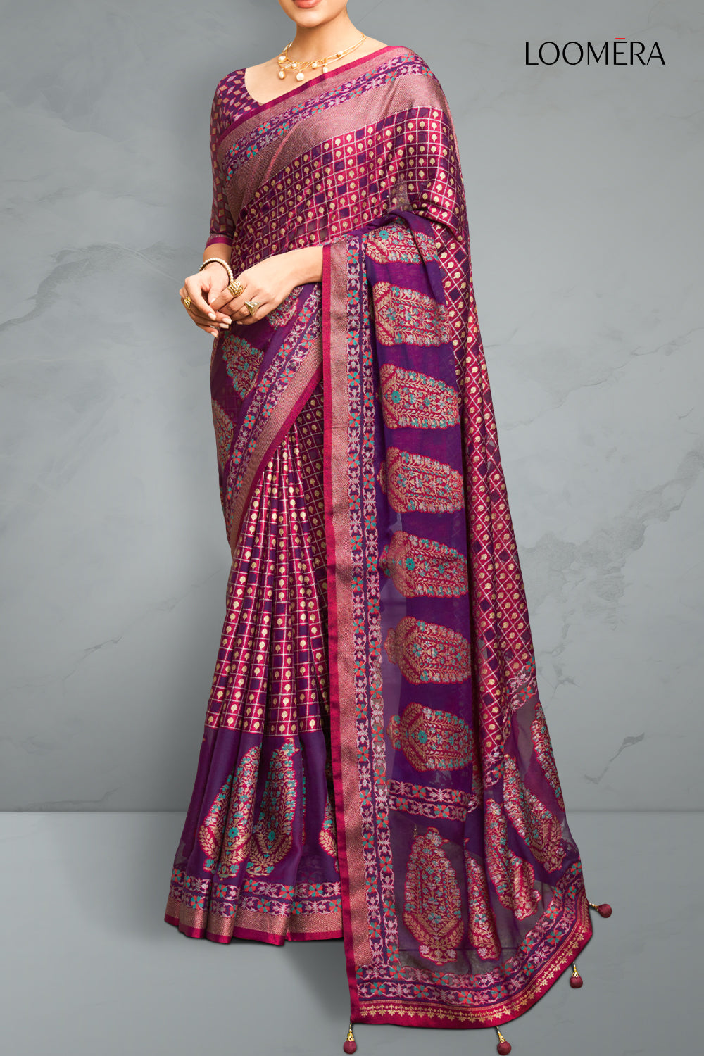 Mulberry Wine Georgette Saree with Golden Foil Prints