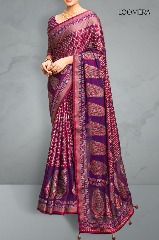 Mulberry Wine Georgette Saree with Golden Foil Prints