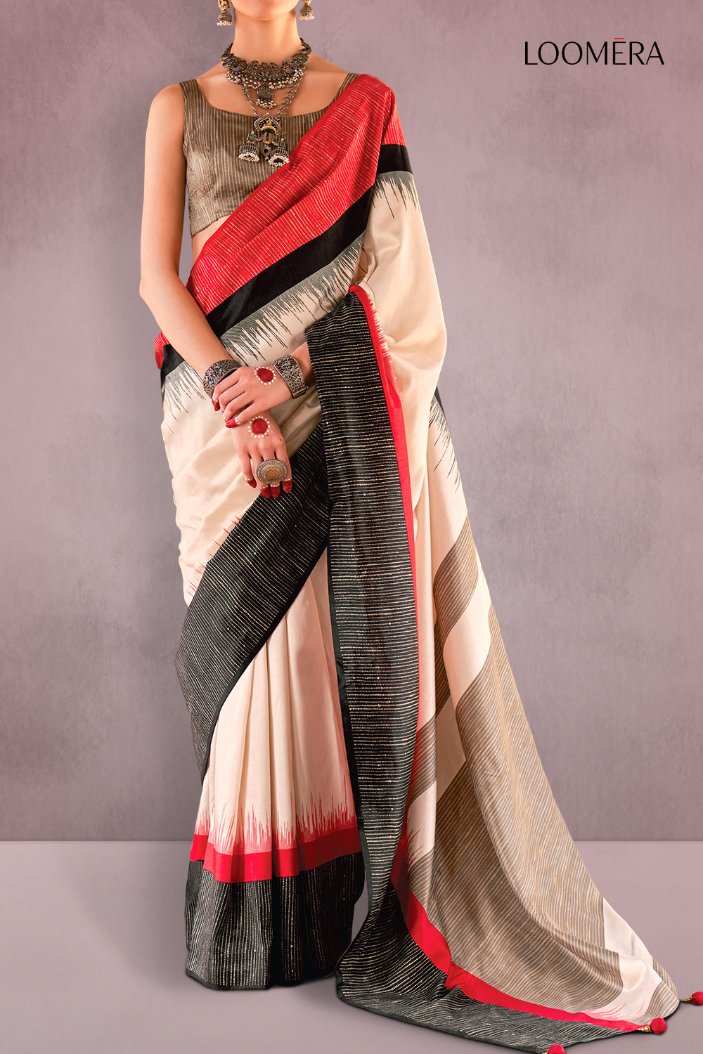 Beige Saree with Red and Black Border