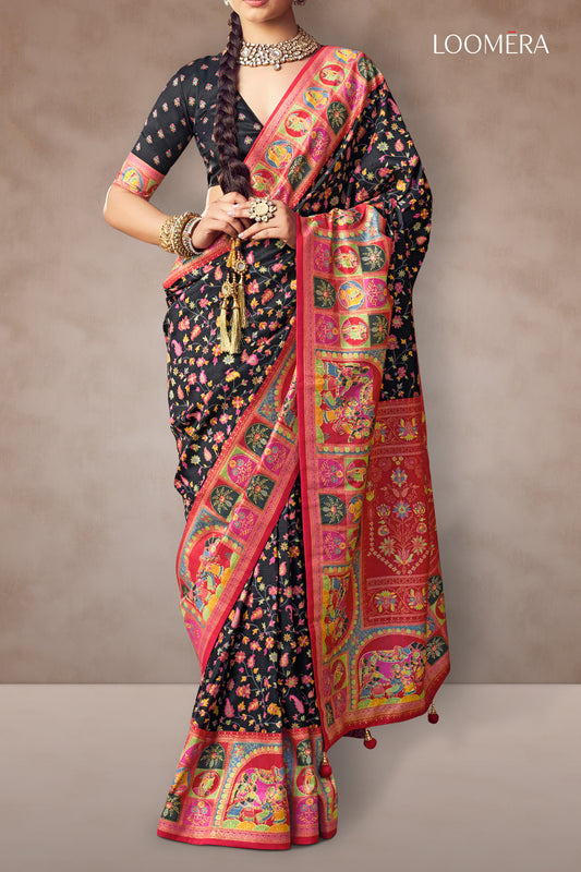 Black Soft Silk Saree with Floral Prints