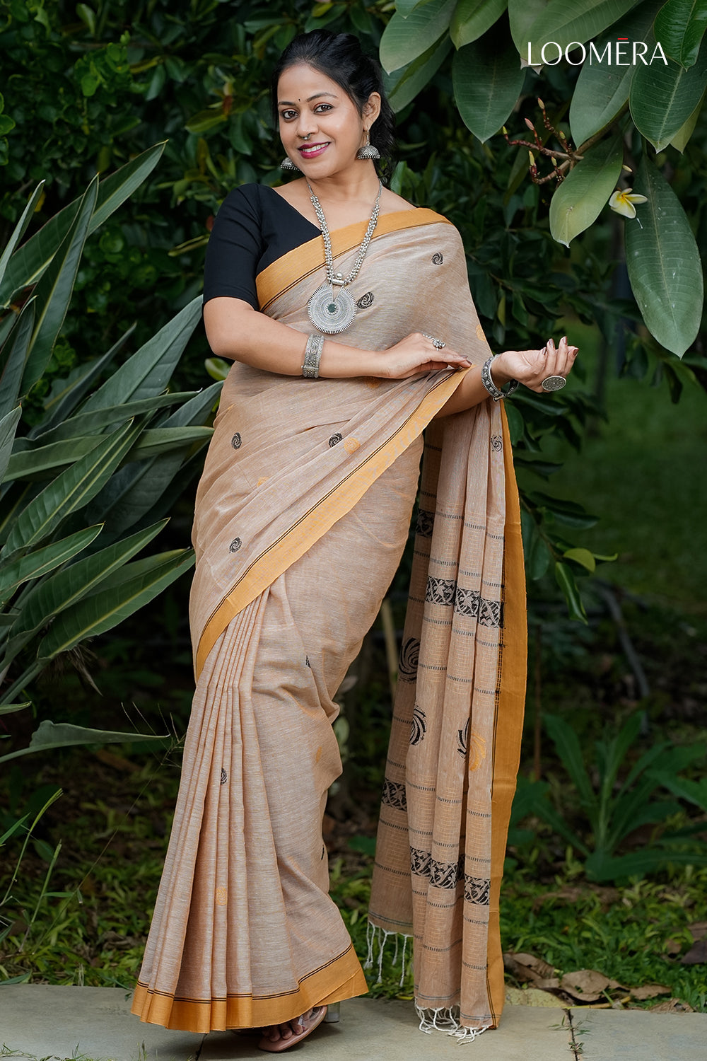 Light Peach Bengal Handloom Cotton Saree with Yellow Border