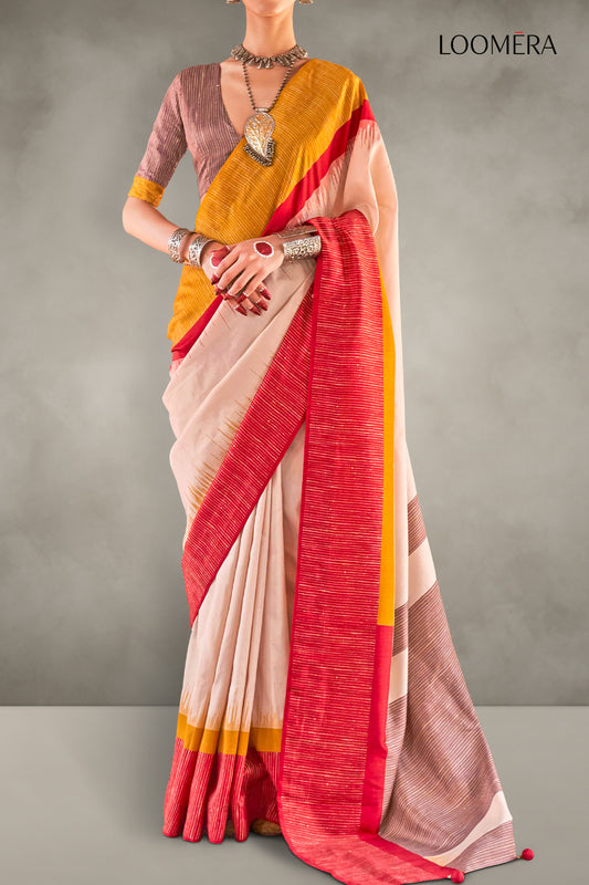 Beige Saree with Red and Yellow Border