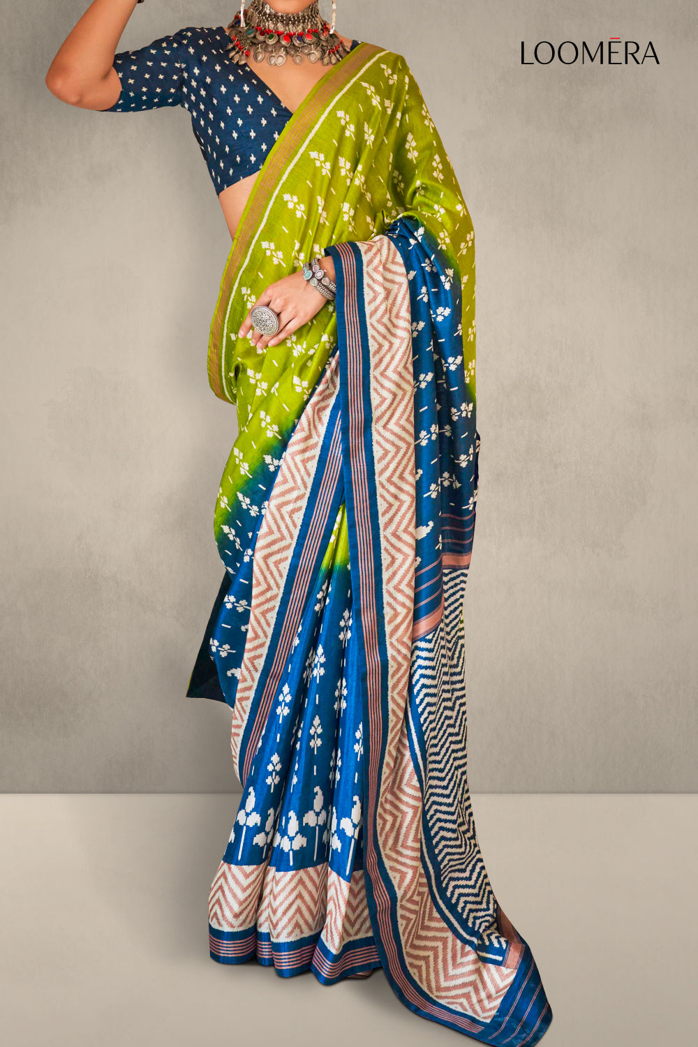 Olive Green and Blue Soft Silk Saree
