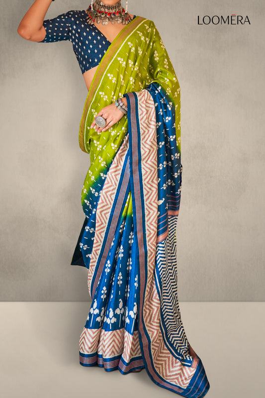 Olive Green and Blue Soft Silk Saree