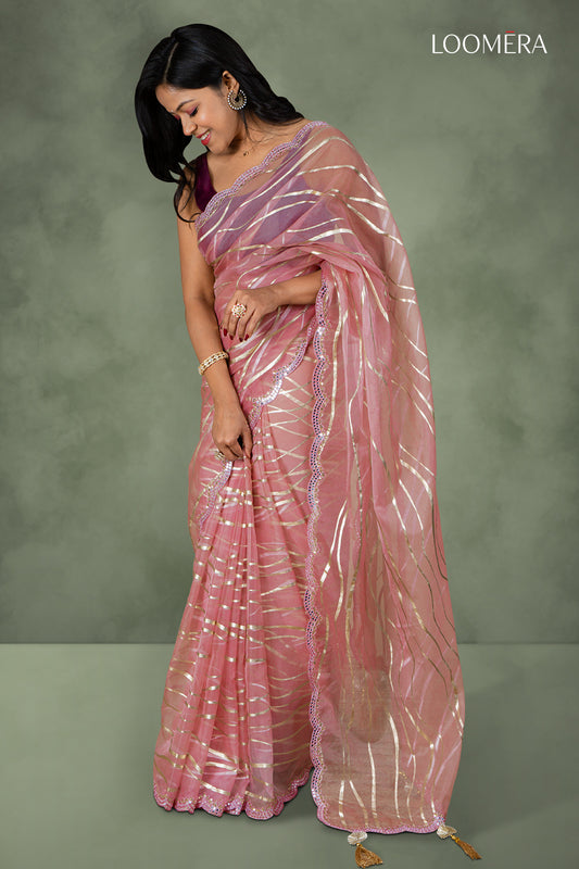 Rose Pink Foil Print Organza Saree with Mirror Scallop Border