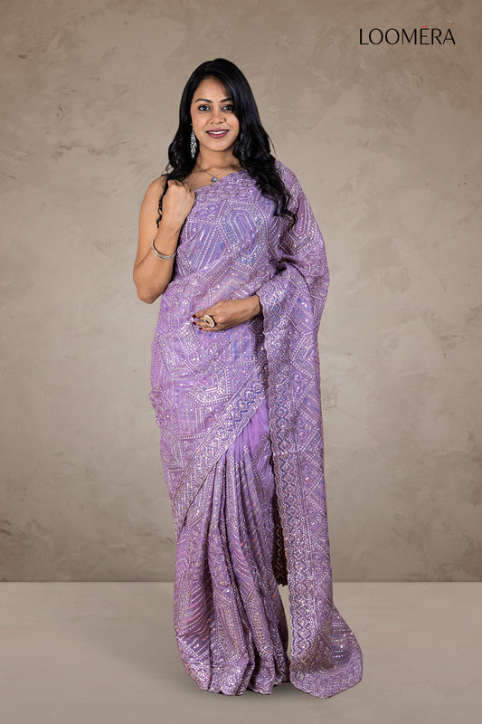 Lavender Organza Saree with Heavy Thread and Sequin Work