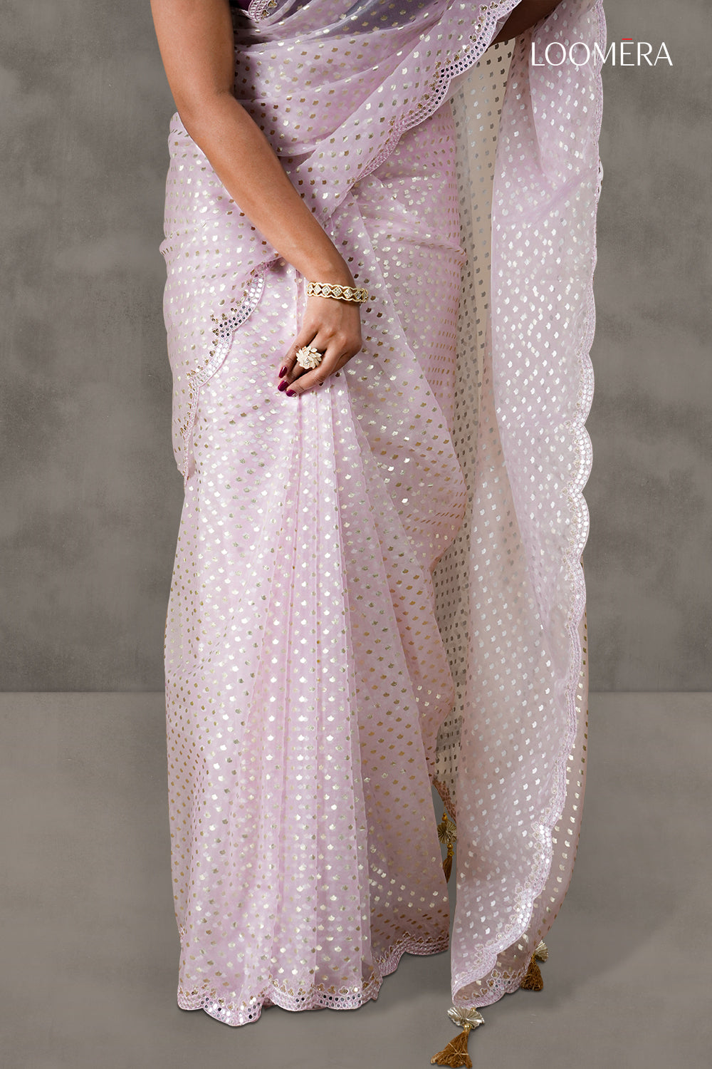Pastel Pink Foil Print Organza Saree with Mirror Scallop Border