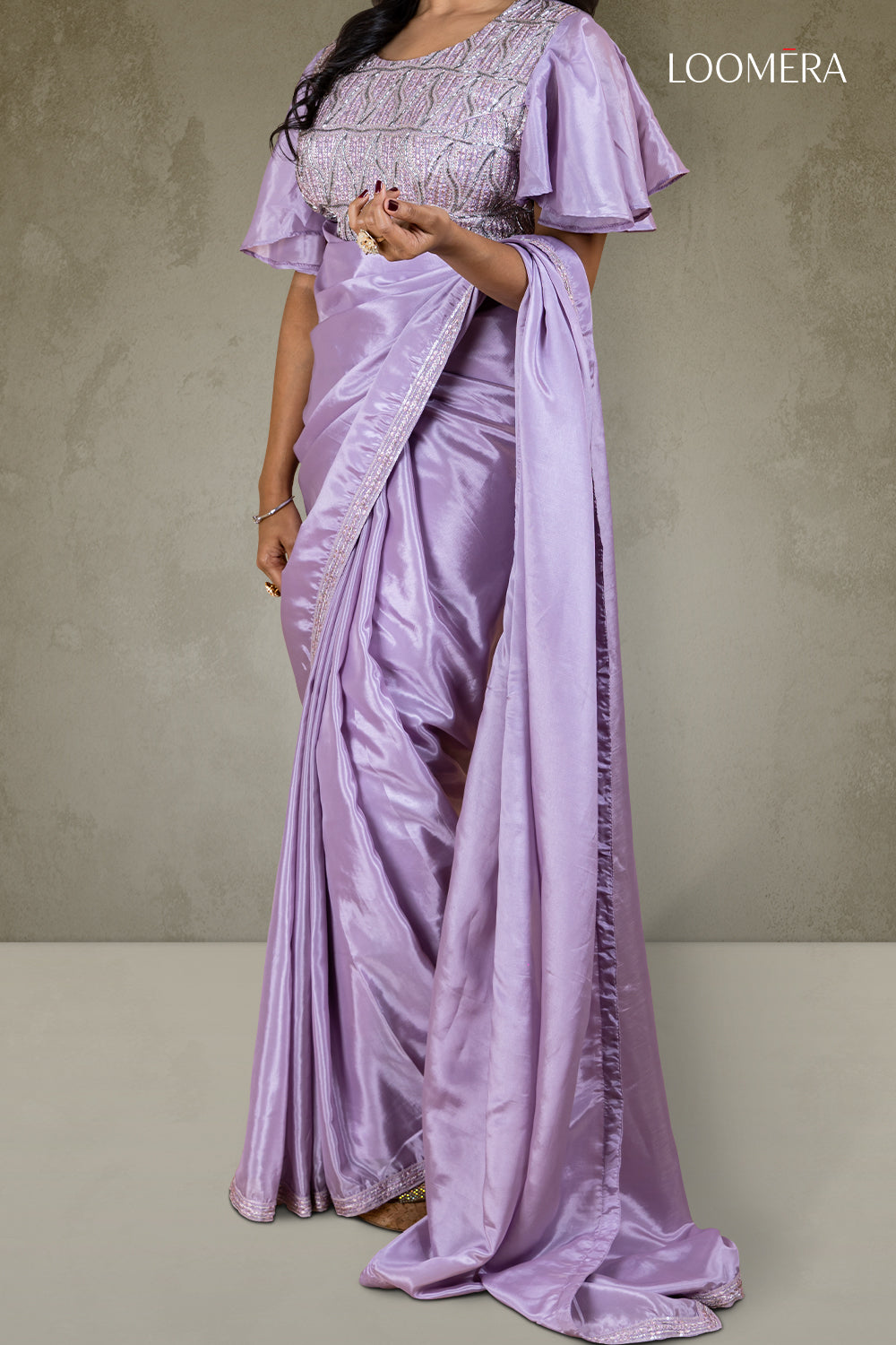 Plain Purple Crepe Saree with Sequin Border and Designer Blouse
