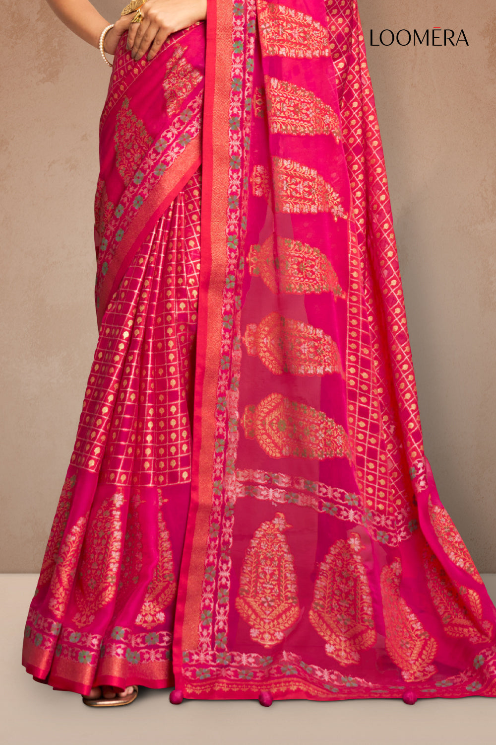 Hot Pink Georgette Saree with Golden Foil Prints