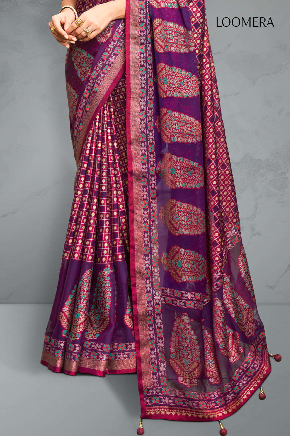Mulberry Wine Georgette Saree with Golden Foil Prints