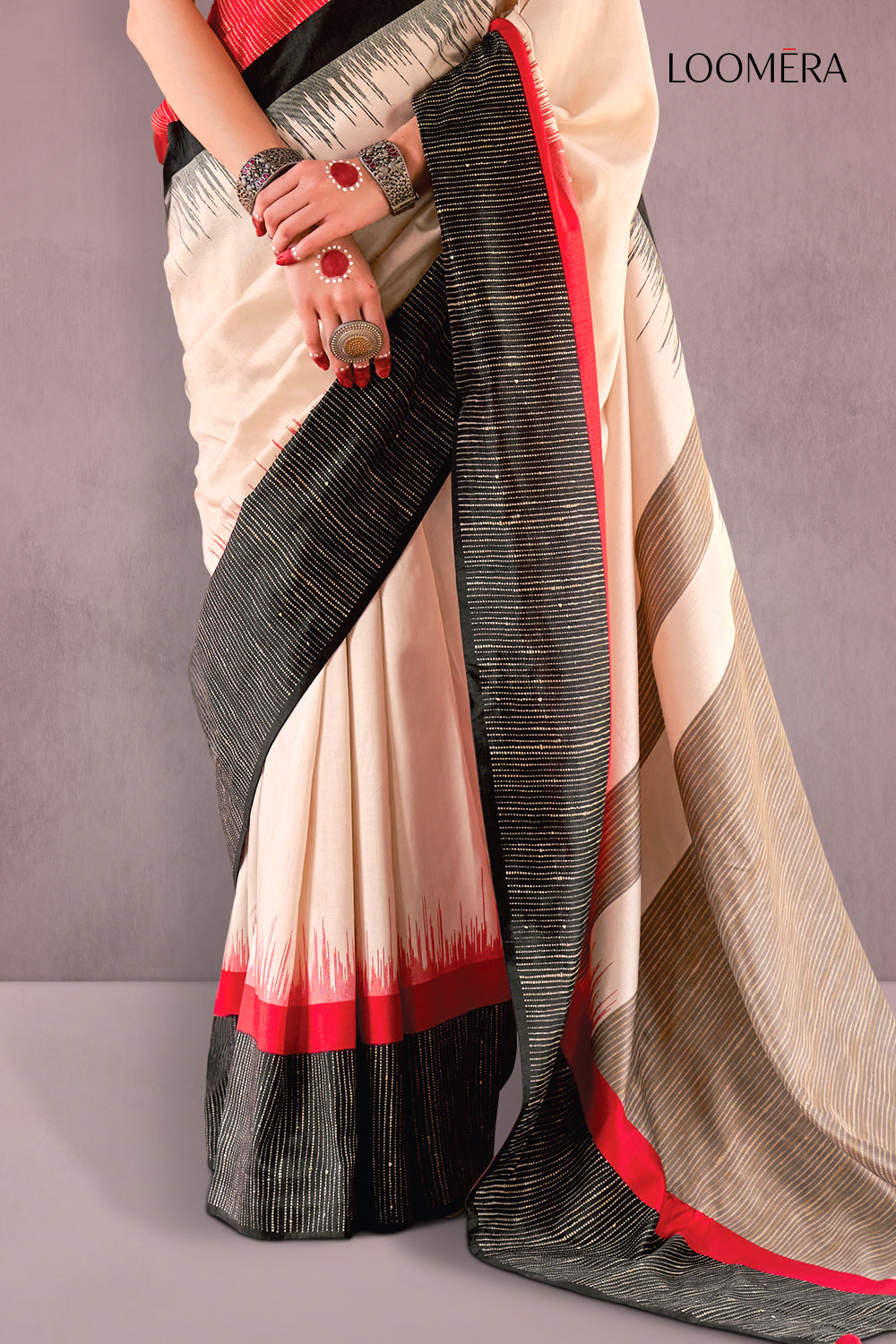 Beige Saree with Red and Black Border