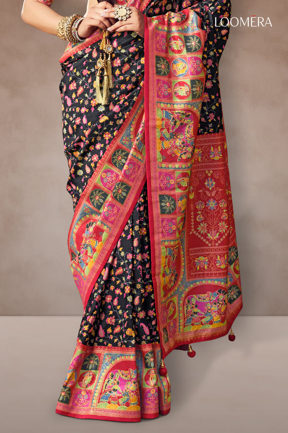 Black Soft Silk Saree with Floral Prints