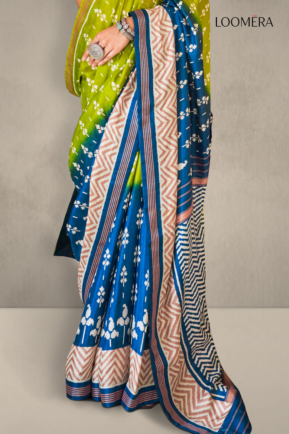Olive Green and Blue Soft Silk Saree