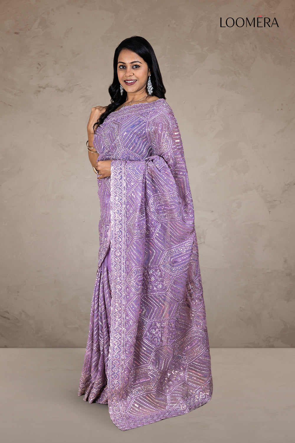 Lavender Organza Saree with Heavy Thread and Sequin Work