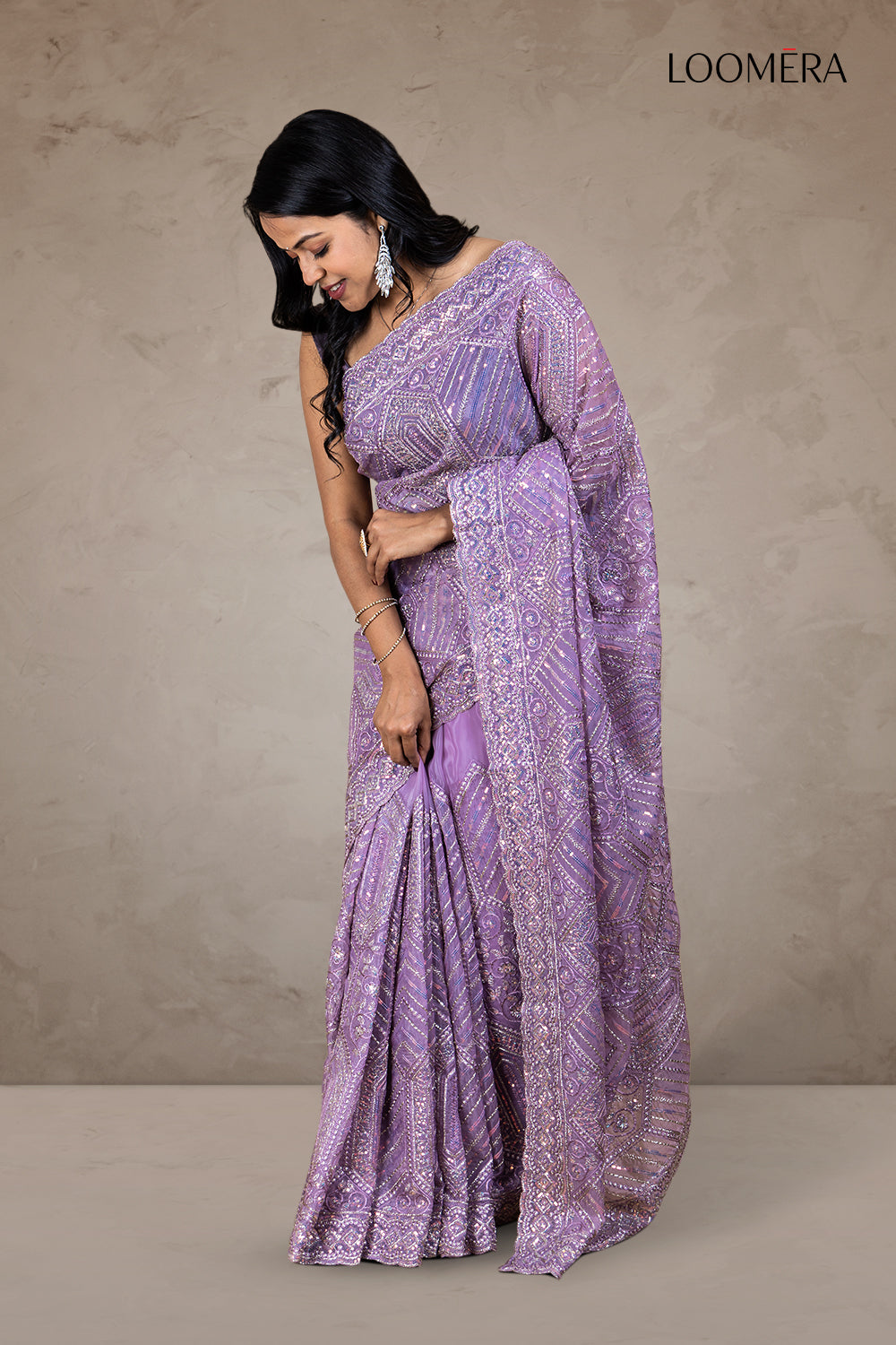 Lavender Organza Saree with Heavy Thread and Sequin Work
