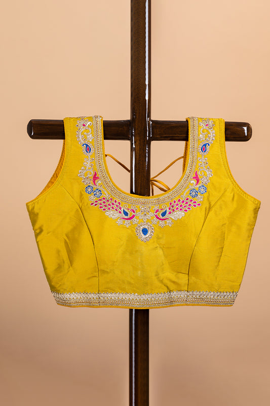 Golden Yellow Embroidered U Neck Fancy Blouse