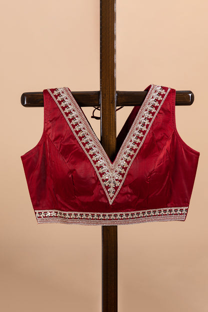 Maroon V Neck Silk Blouse with Embroidery Work