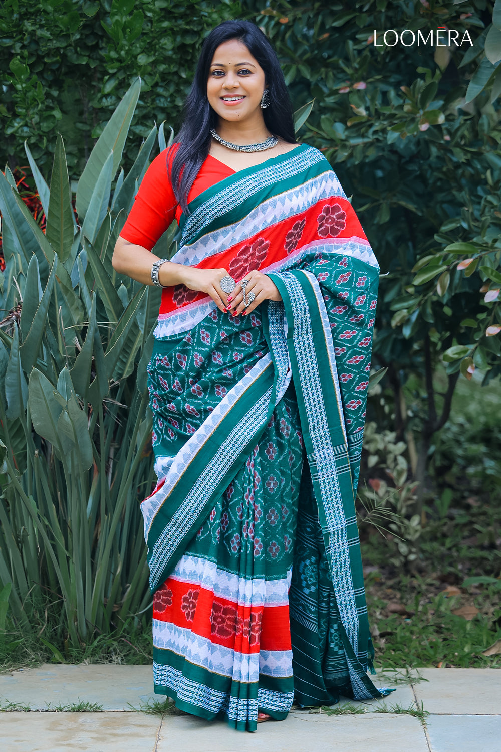 Red and Green Cotton Ikat Saree