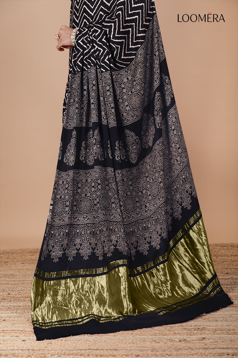 Ajrakh Modal Silk Saree Dark Purple