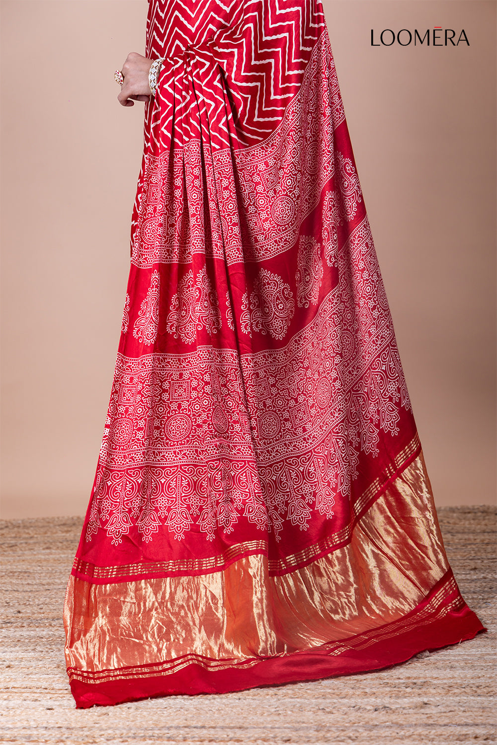 Ajrakh Modal Silk Saree with Block Print