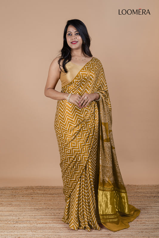 Arrowwood Yellow Ajrakh Modal Silk Saree with Hand Block Print