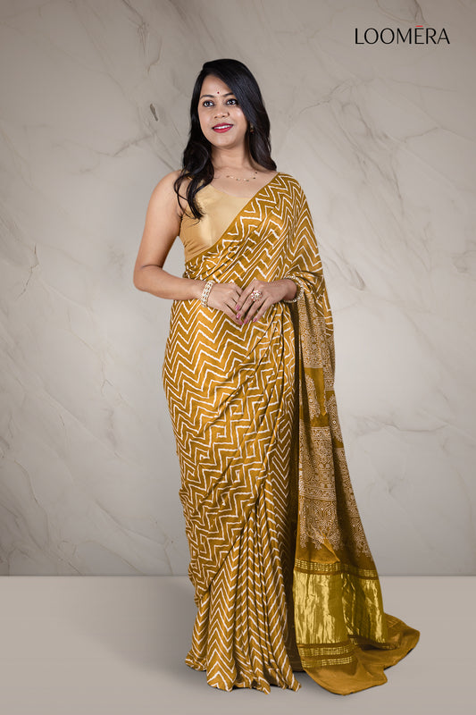 Arrowwood Yellow Ajrakh Modal Silk Saree with Hand Block Print