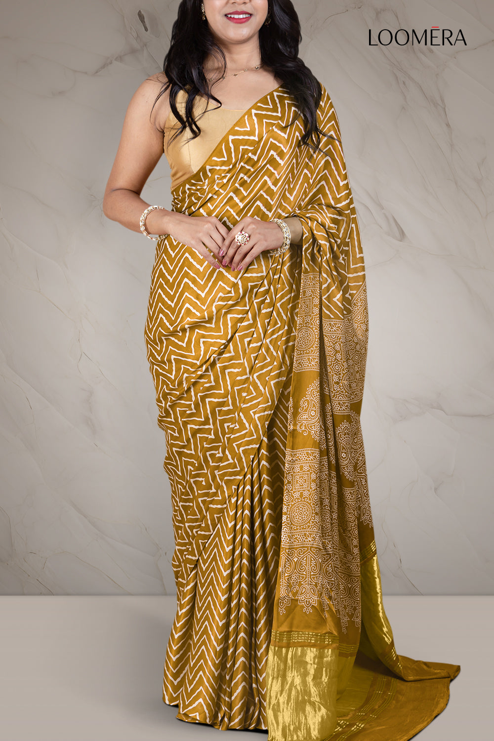 Arrowwood Yellow Hand Block Print Saree