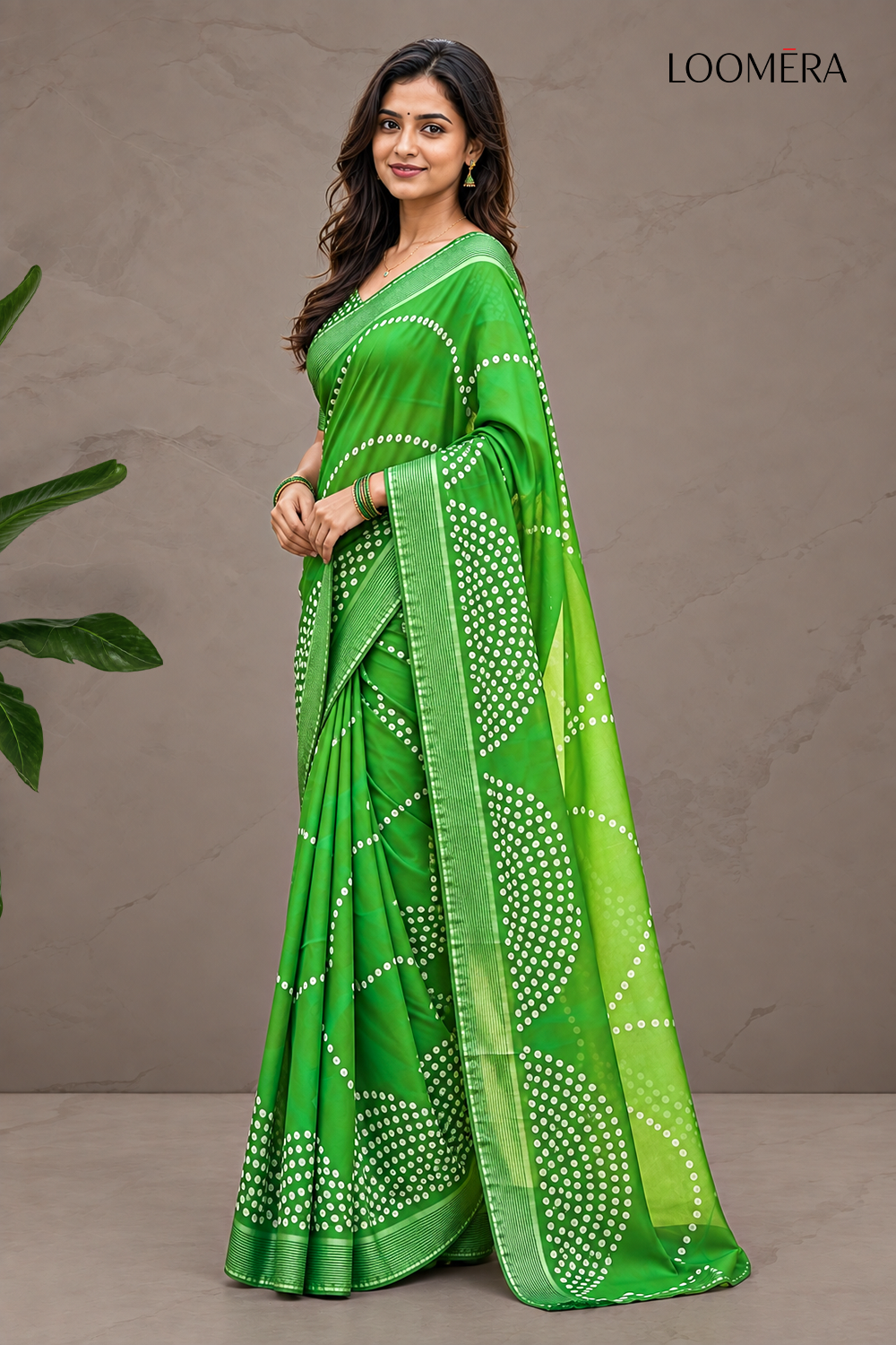 Bandhani Print Green Saree