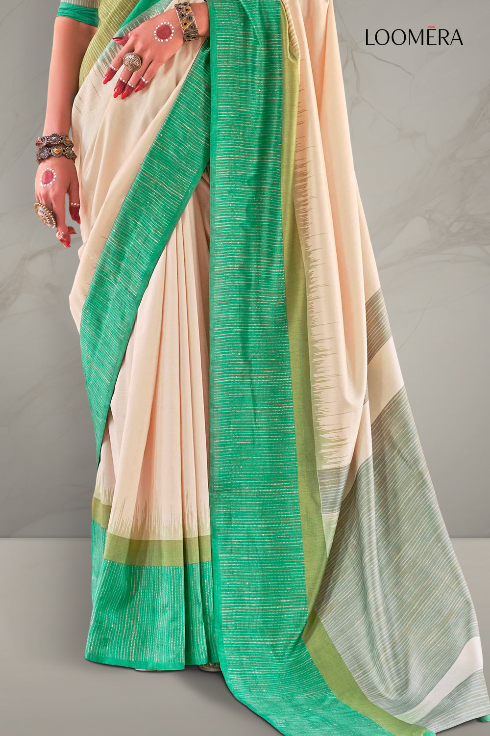 Beige and Green Sigma Saree